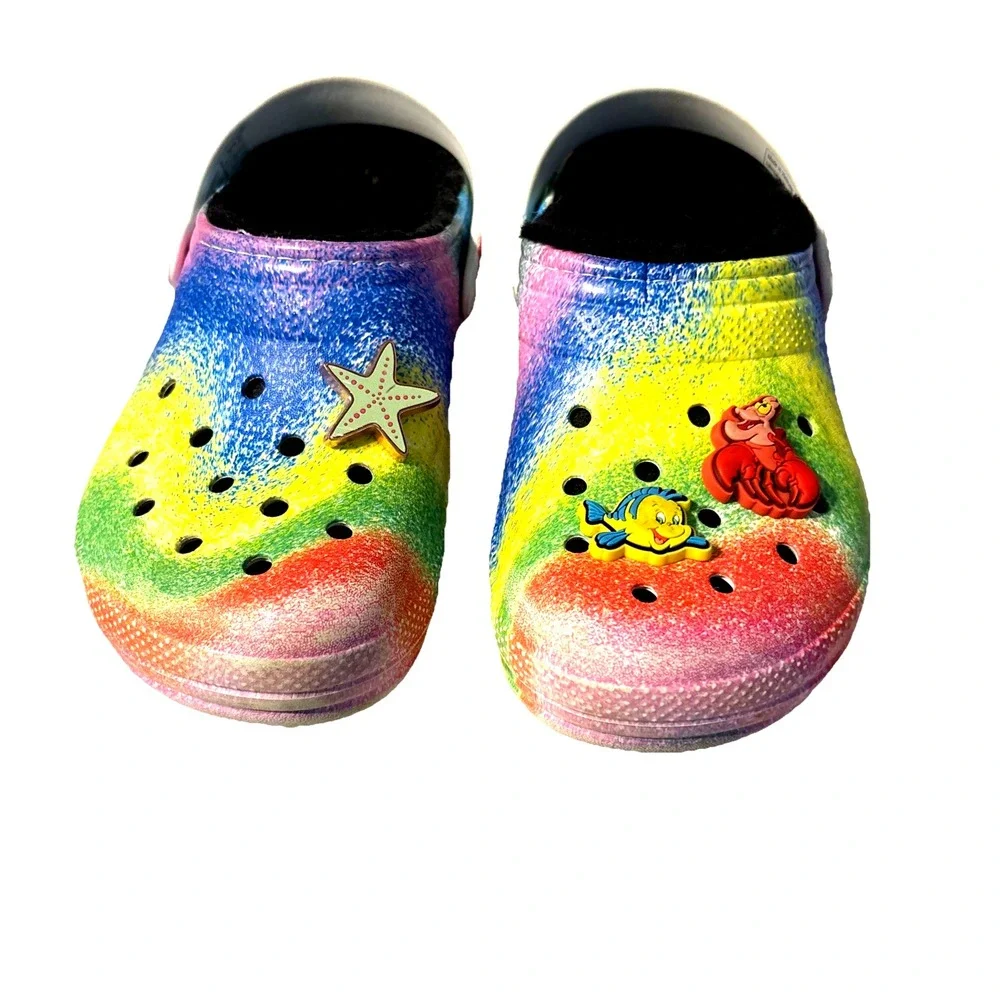 CROCS Classic Faux Fur Lined Tye Dye Spray Kids Size C12‎ Girls Mermaid Jibbitz